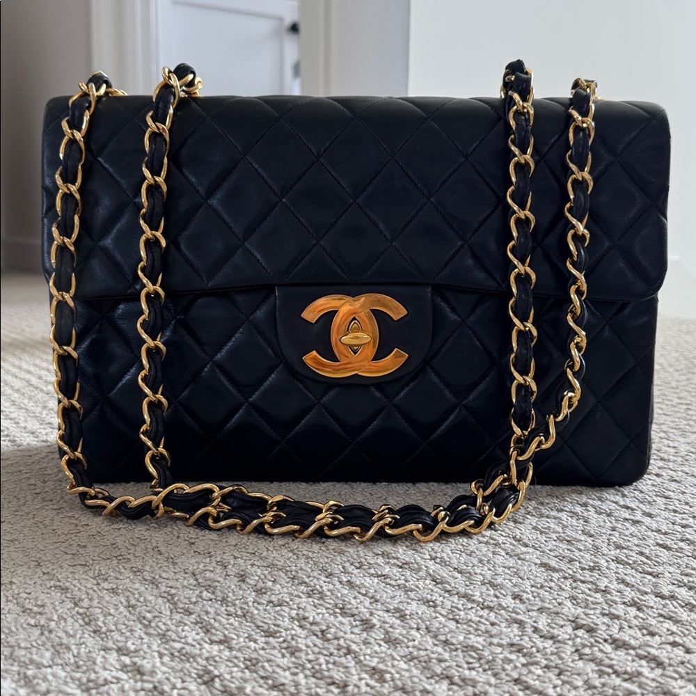 Vintage Black Jumbo Chanel Classic Flap Lambskin with 24K Gold Hardware